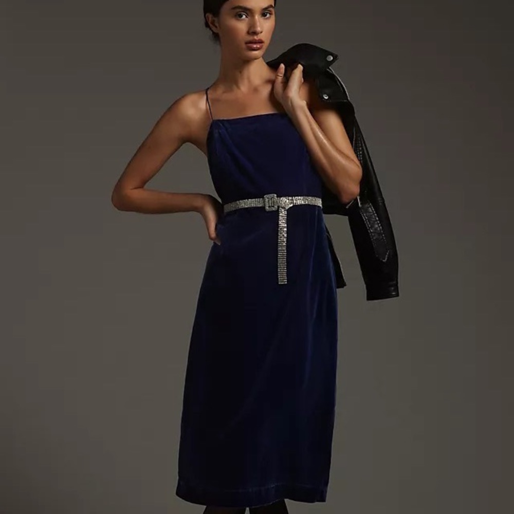NWT Anthropologie Blue Velvet Slip MIDI Dress Size 14